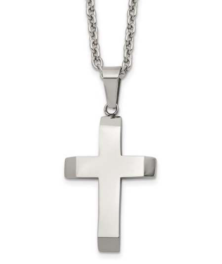 Stainless Steel Polished Cross Pendant on Cable Chain Necklace - 24"