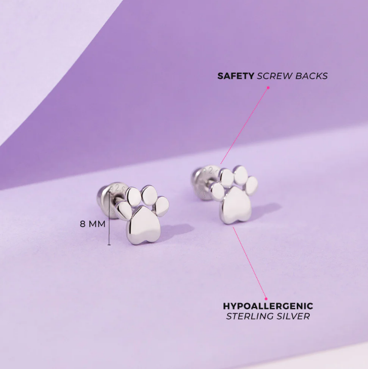 Sterling Silver My Furry Friend Paw Kid Earrings