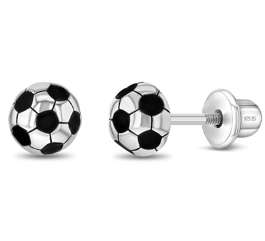 Sterling Silver Enamel Soccer Ball Girl Screw Back Earrings