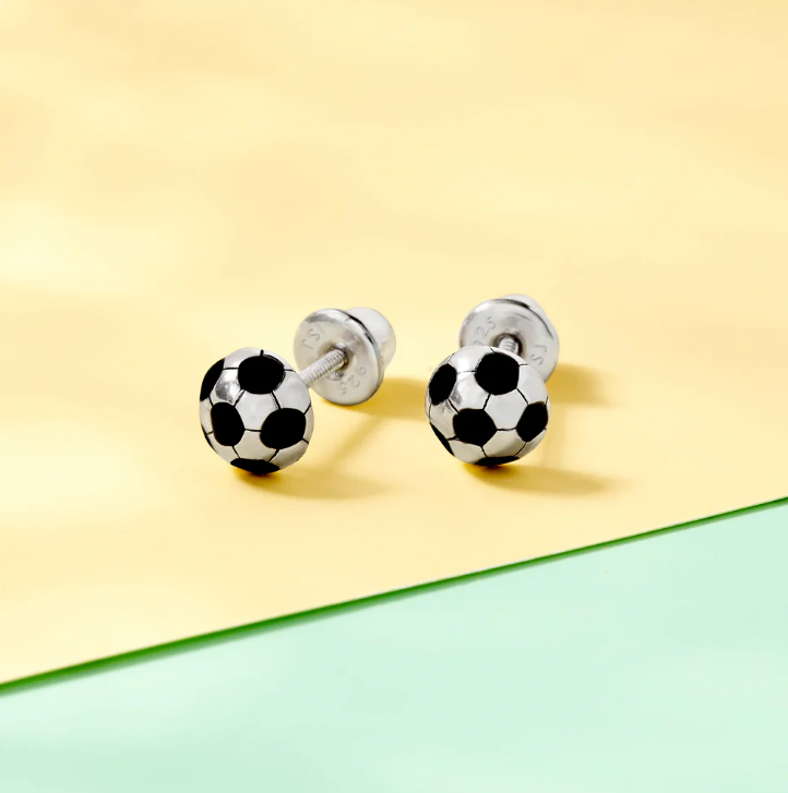 Sterling Silver Enamel Soccer Ball Girl Screw Back Earrings