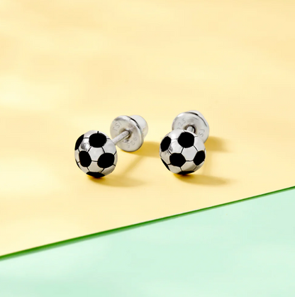 Sterling Silver Enamel Soccer Ball Girl Screw Back Earrings
