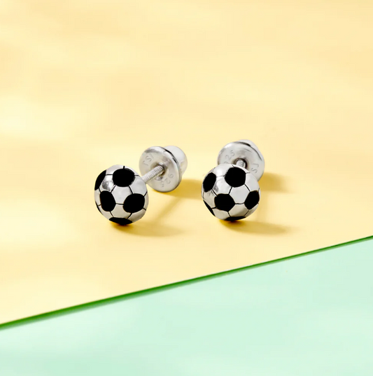 Sterling Silver Enamel Soccer Ball Girl Screw Back Earrings