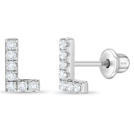 Sterling Silver Cubic Zirconia Letter Initial Earrings - L