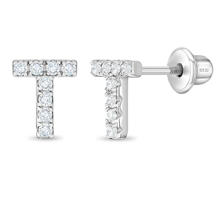 Sterling Silver Cubic Zirconia Letter Initial Earrings - T