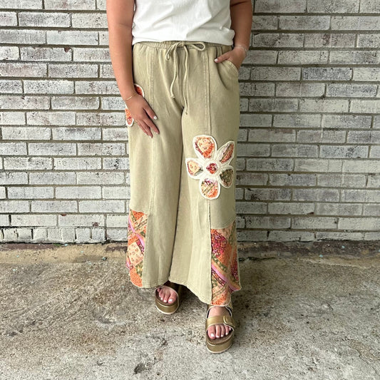 Prettiest Blossom Wide Leg Bottoms - Faded Olive