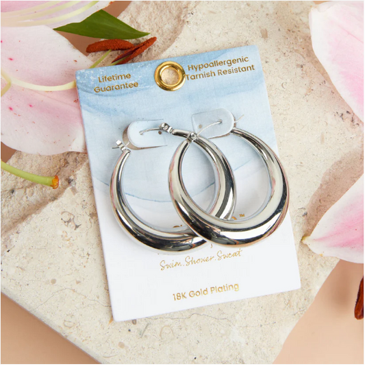 Narelle Waterproof Round Hoop Earrings in Silver