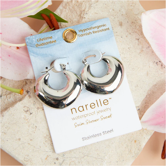 Narelle Waterproof Round Geo Hoop Earrings in Silver