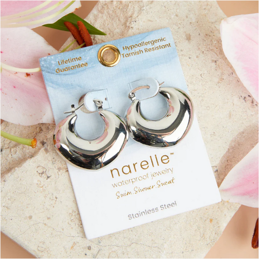 Narelle Waterproof Round Geo Hoop Earrings in Silver
