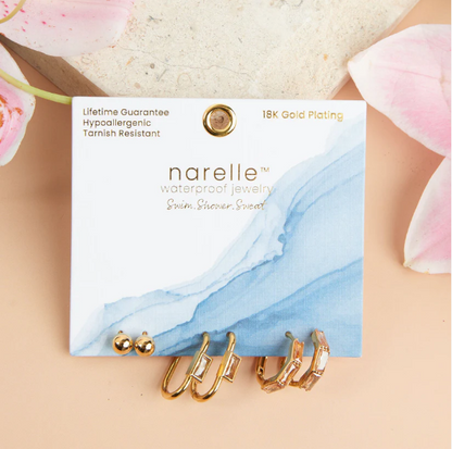Narelle Waterproof Rectangle Hoop Earrings Trio in Gold