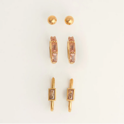 Narelle Waterproof Rectangle Hoop Earrings Trio in Gold