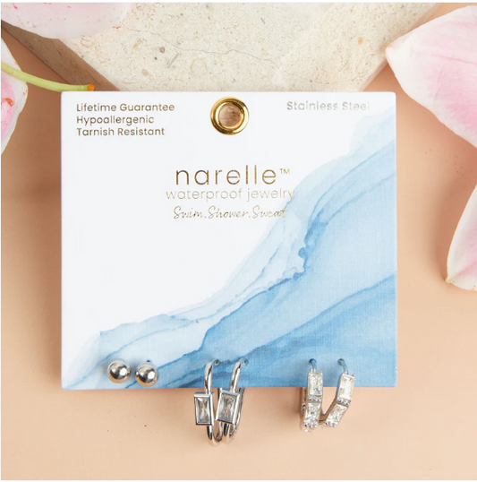 Narelle Waterproof Rectangle Hoop Earring Trio in Silver