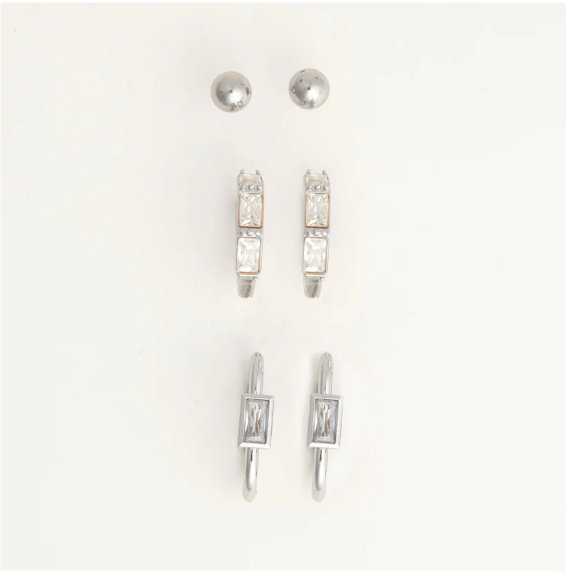 Narelle Waterproof Rectangle Hoop Earring Trio in Silver