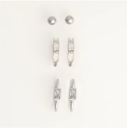 Narelle Waterproof Rectangle Hoop Earring Trio in Silver