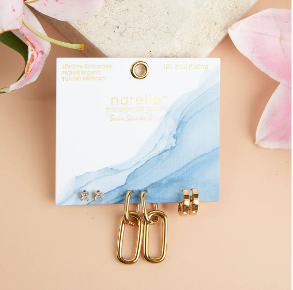 Narelle Waterproof Double Linked Hoop Earrings Trio in Gold