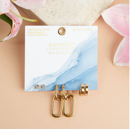 Narelle Waterproof Double Linked Hoop Earrings Trio in Gold