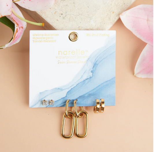 Narelle Waterproof Double Linked Hoop Earrings Trio in Gold