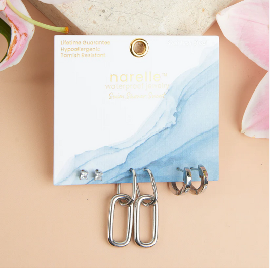 Narelle Waterproof Double Linked Hoop Earrings Trio in Silver
