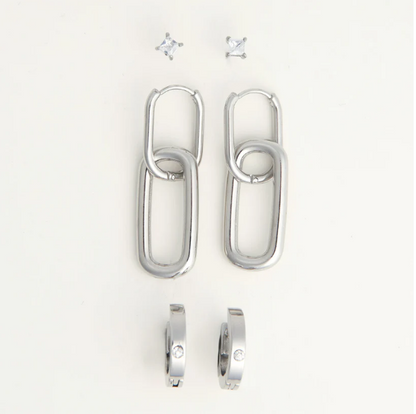 Narelle Waterproof Double Linked Hoop Earrings Trio in Silver