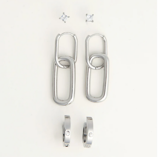 Narelle Waterproof Double Linked Hoop Earrings Trio in Silver