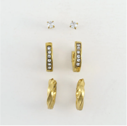 Narelle Waterproof Pave Hoop Earrings Trio in Gold