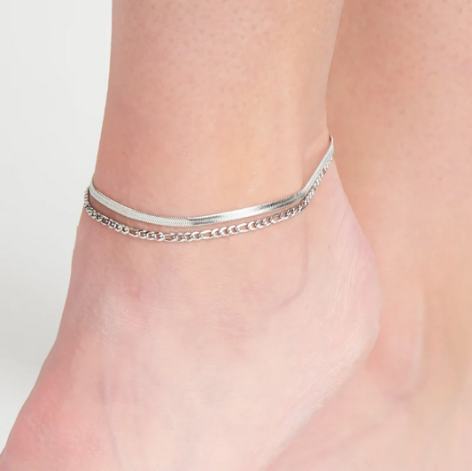 Narelle Waterproof Multi Row Snake Chain Anklet in Silver