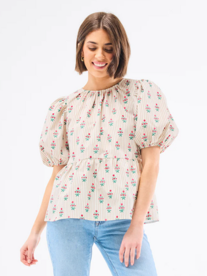 The Nina Top in Cottage Stripes Tan