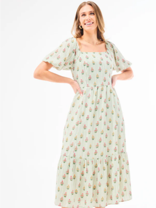 64467 Mary Square The Alexi Dress in Cottage Stripes Green