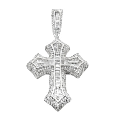 Sterling Silver Baguette Cubic Zirconia Thick Cross Pendant