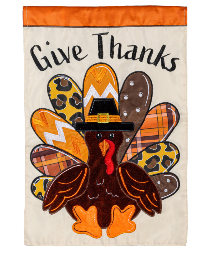 Give Thanks Patterned Turkey Applique Garden Flag