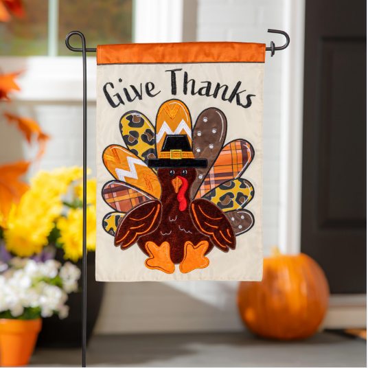 Give Thanks Patterned Turkey Applique Garden Flag