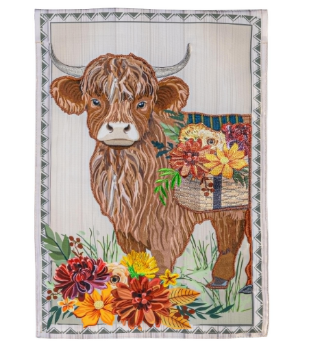 Highland Cow Fall Floral Applique Garden Flag