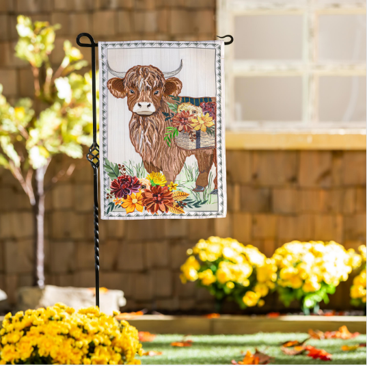 Highland Cow Fall Floral Applique Garden Flag
