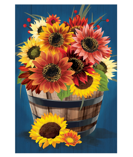 Barrel of Blooms & Pumpkins Burlap Garden Flag