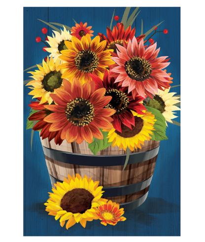 Barrel of Blooms & Pumpkins Burlap Garden Flag