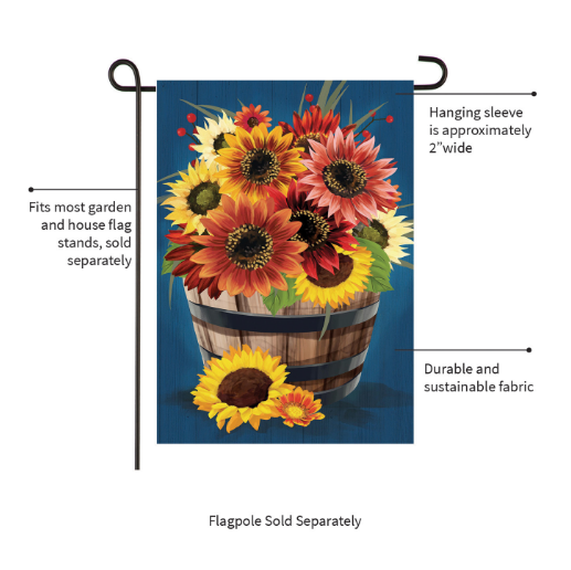 Barrel of Blooms & Pumpkins Burlap Garden Flag