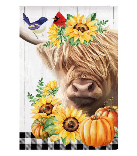 Sunflower Highland Cow Suede Garden Flag