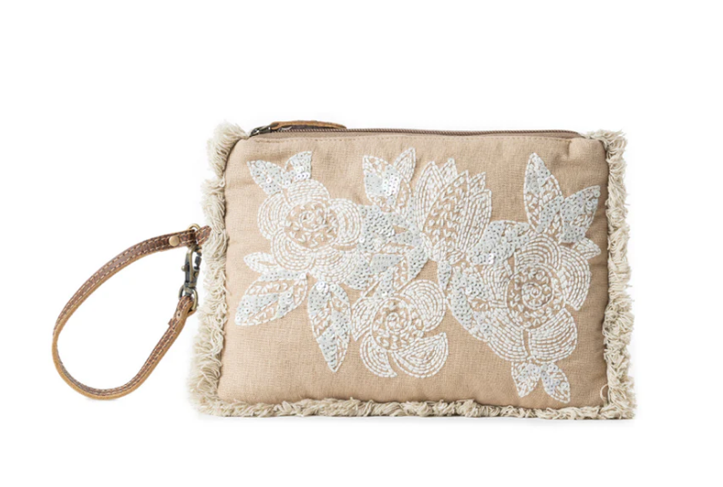 Meadow Lace Embroidered Pouch in Ivory Bloom