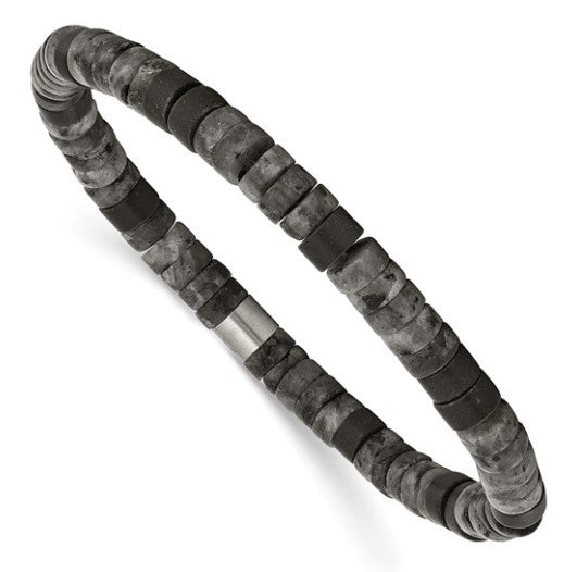 Stainless Steel Brushed Spectrolite & Black Agate Beaded Stretch Bracelet