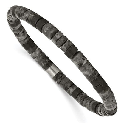 Stainless Steel Brushed Spectrolite & Black Agate Beaded Stretch Bracelet
