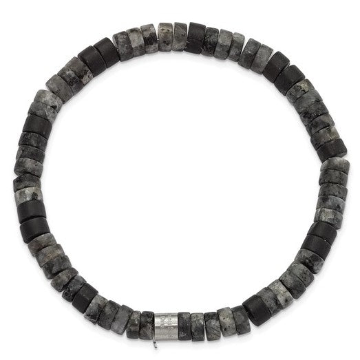 Stainless Steel Brushed Spectrolite & Black Agate Beaded Stretch Bracelet