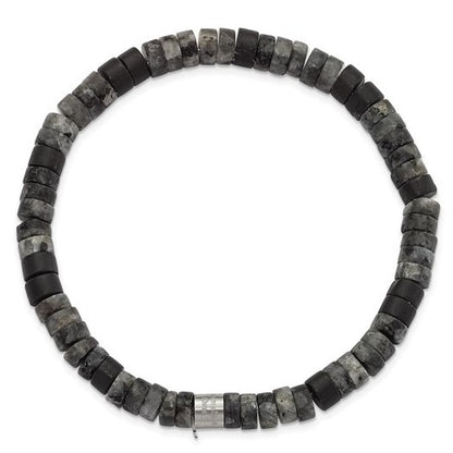 Stainless Steel Brushed Spectrolite & Black Agate Beaded Stretch Bracelet