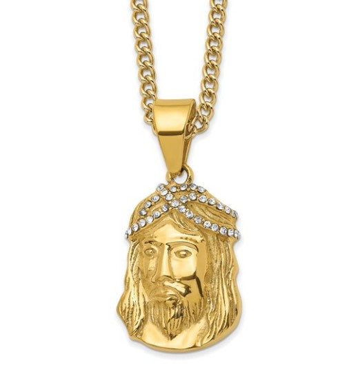 Stainless Steel Polished Yellow IP-Plated with Crystal Jesus Pendant with Curb Chain - 24"