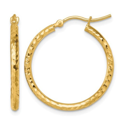 10K Yellow Gold Diamond Cut 2mm Round Tube Hoop Earrings