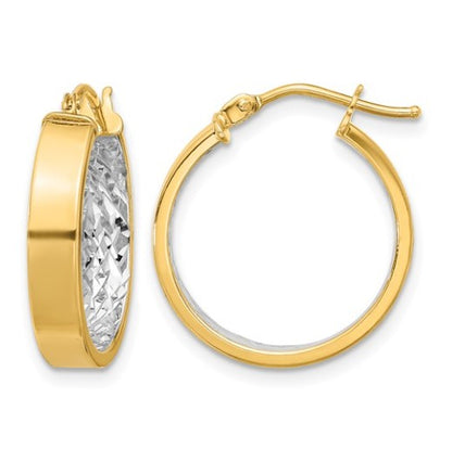 10K Yellow Gold with White Rhodium Polished & Diamond Cut Hoop Earrings