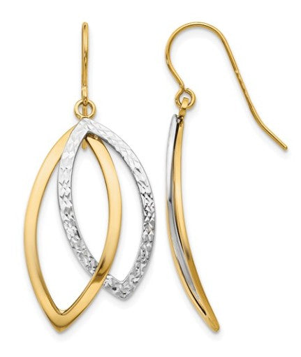 10K Two-Tone Polished & Textured Shepherd Hook Earrings