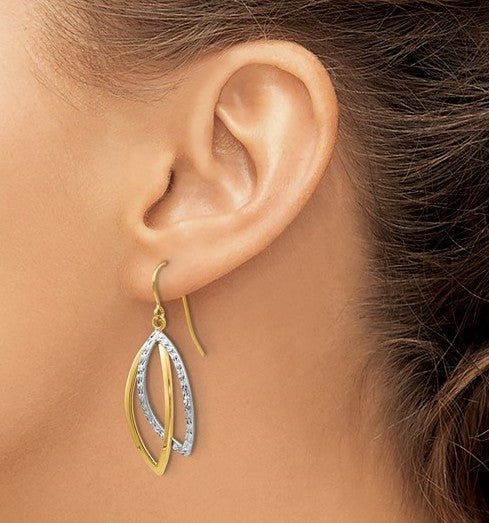 10K Two-Tone Polished & Textured Shepherd Hook Earrings