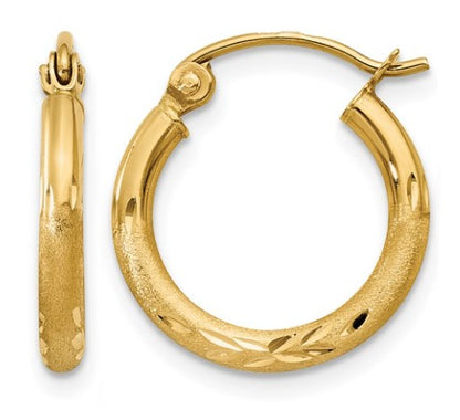 10K Yellow Gold Satin & Diamond Cut 2mm Round Tube Hoop Earrings