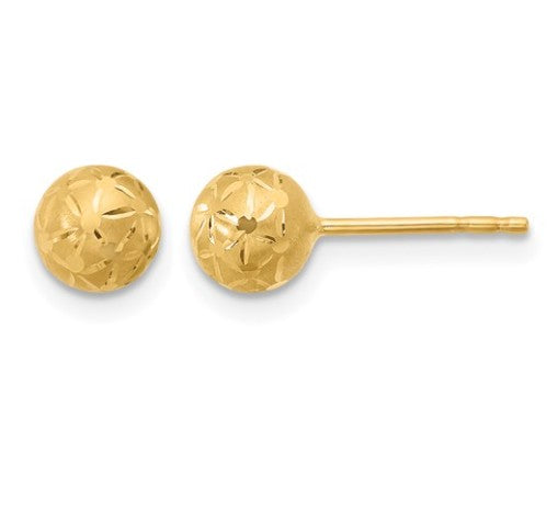10K Yellow Gold Polished & Satin Diamond Cut Ball Post Earrings