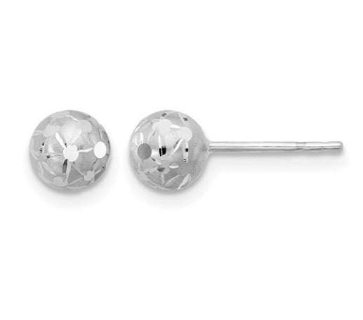 10K White Gold Polished & Satin Diamond Cut Ball Post Earrings