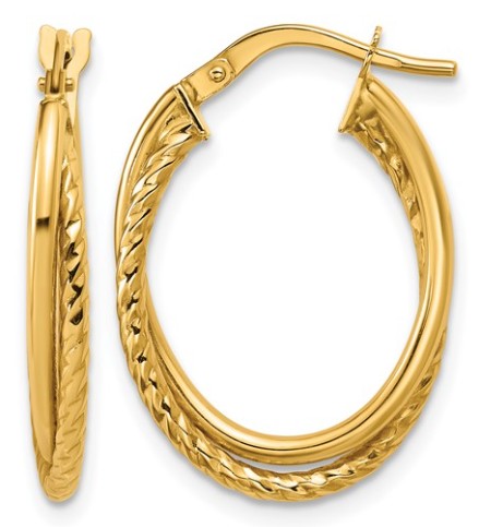 10K Yellow Gold Polished Textured Oval Hoop Earrings